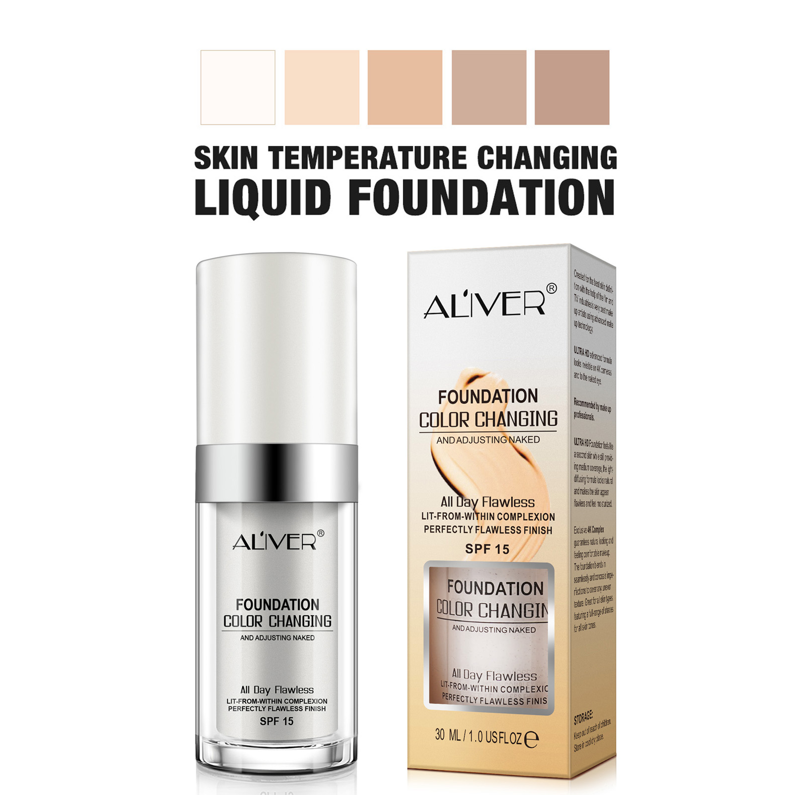 Aliver Color Changing Liquid Foundation-Flawless Warm Skin Tone Foundation Makeup-Lasting & Concealer-1 fl oz.