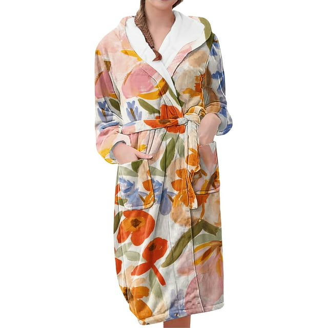 Women's Fleece Plush Robe Long Warm Plush Bathrobe Loungewear Jacket Printed Comfort Robe