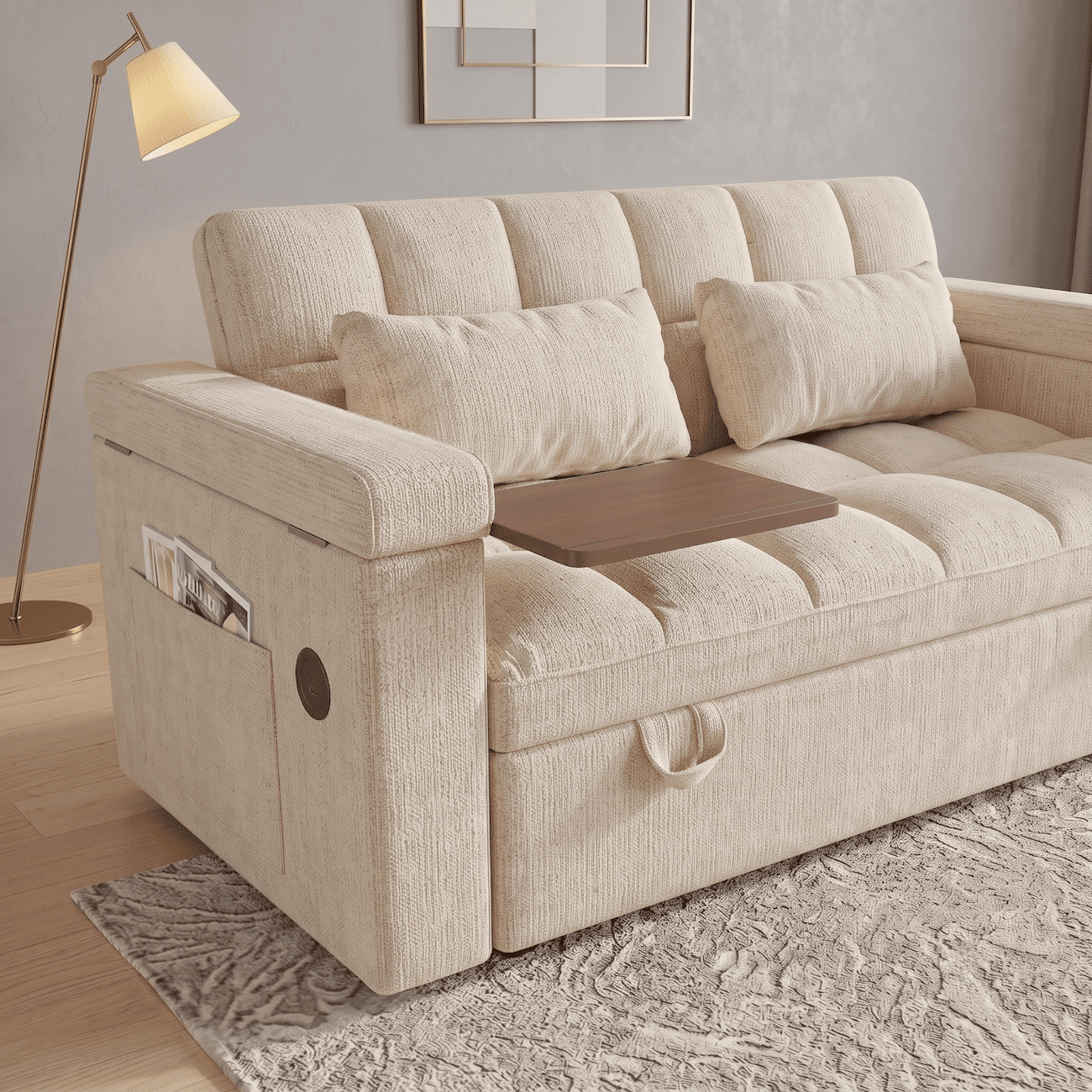 Xiweot 65" Sleeper Sofa Bed, 3-in-1 Convertible Chenille Futon Couch, Loveseat Sofa with Adjustable Backrest, Pull out Couch with Storage Armrest & Pillows for Living Room Apartment (Biege)