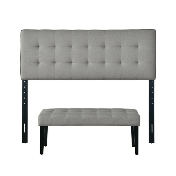 Grid Tuft Upholstered Headboard and Bench Set in Gray