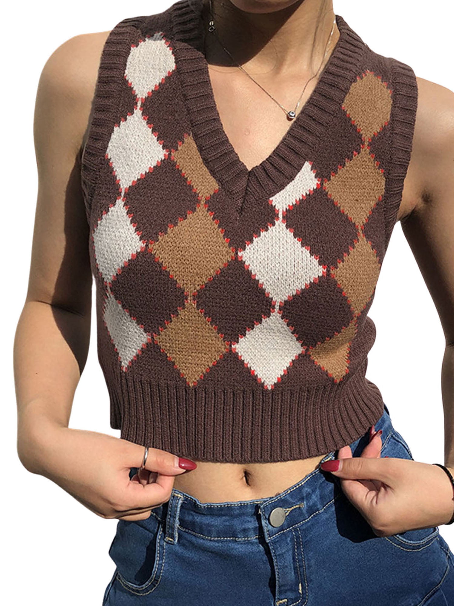 Plaid Knitted Sweater Vest Female Streetwear Preppy Style Vintage Striped Clothes V Neck Tank Top Y2K Knitwear