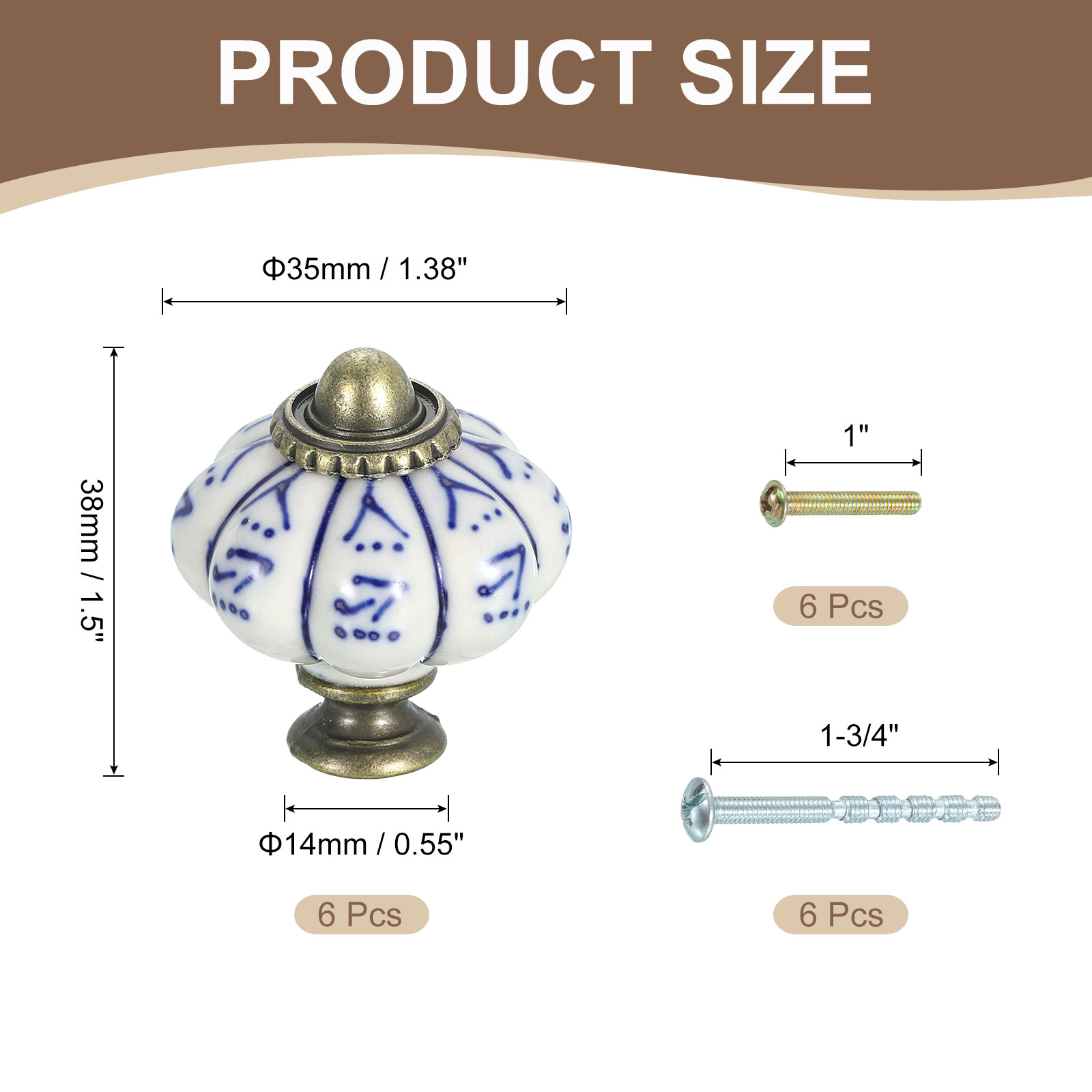 Uxcell 6 Pack Ceramic Knobs, 35mm/1.38" Pumpkin Cabinet Knob Drawer Pull Handle Vintage Drawer Knobs with Screws for Vanity Bedroom Furniture Closet, Blue Willow Leaf