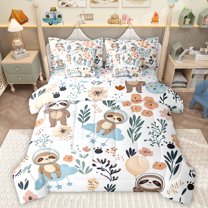 Homewish Cartoon Sloth 7pcs Bedding Comforter Set,Rustic Flower Leaf Queen Bedding Sets,White Brown Queen Sheet Sets For Boys Kids,Super Cozy Room Decor Reversible