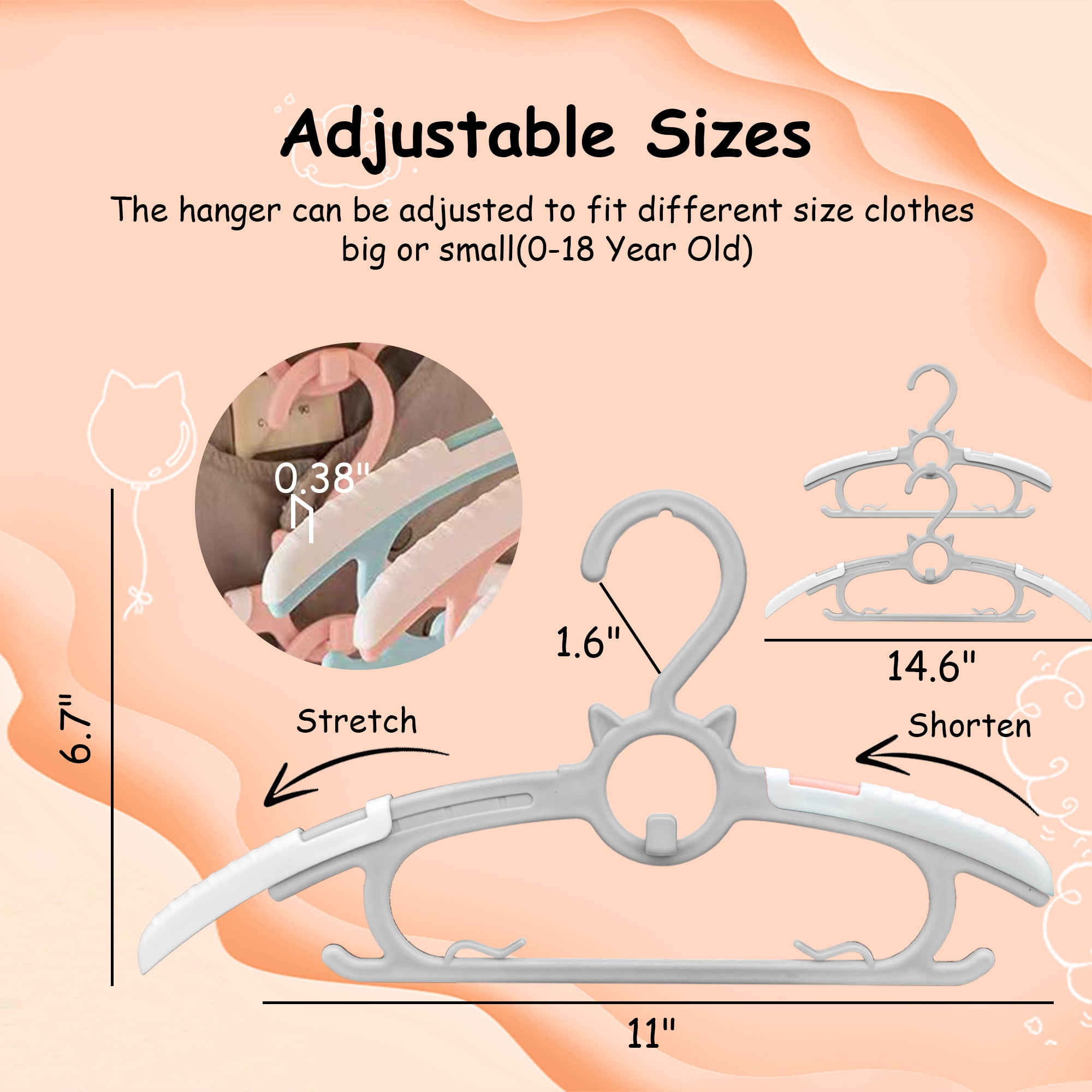 Funamily Baby Nursery Closet Hangers 40pcs, 11"-14.6" Extendable Newborn Kids Coat Clothes (Grey)