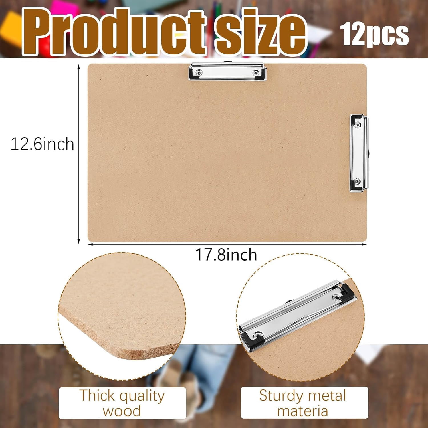 12 Pcs 11x17 Clipboard Wooden Lap Board with Low Profile Clip Brown Double Landscape Clip Hardboard Drawing Board Landscape Horizontal Large Clipboard for Desk Paper Sketching Art Supplies