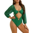 thumbnail image 4 of Bikini de una pieza con escote en V y anillo recortado para mujer, con mangas largas, control de abdomen, traje de baño de malla, color verde, tamaño mediano, 4 of 5