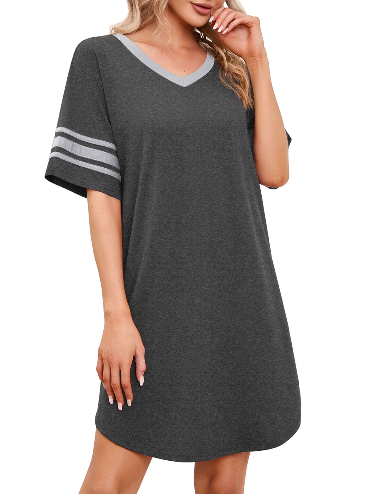 MINTREUS Women's Nightgown Short Sleeve Nightshirt V Neck Sleep Shirt ...