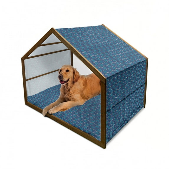 Ikat Pet House, Vintage Aztec Mexican Cultural Elements Retro Chevron Motif with Lines, Outdoor & Indoor Portable Dog Kennel with Pillow and Cover, 5 Sizes, Dark Blue and Pale Blue, by Ambesonne