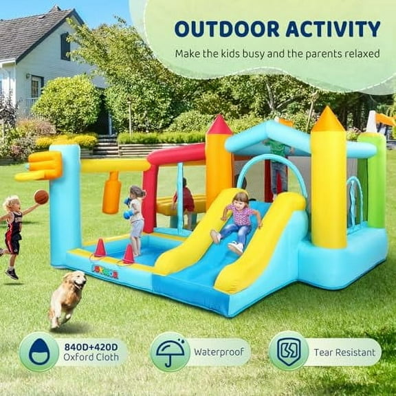 JOYMOR 9-in-1 Bounce House for Big Kids 8-12 w/Height-Adjustable Basketball Hoop, 30s Quick Inflatable Bounce House for Kids 3-6 with Blower, Portable Bag for Indoor Outdoor Party