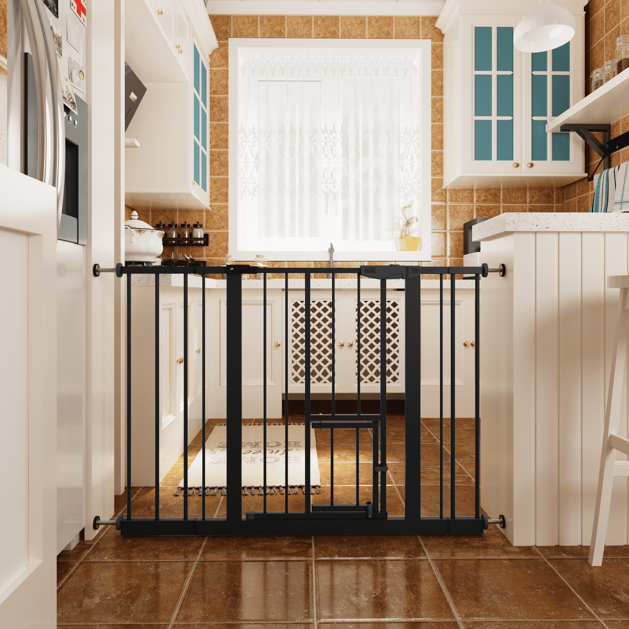 Baby Gate with Cat Door, 29.5-44.1" Metal Pet Door for Stairs & Doorways,Pressure Mounted,No Tools Needed, Black
