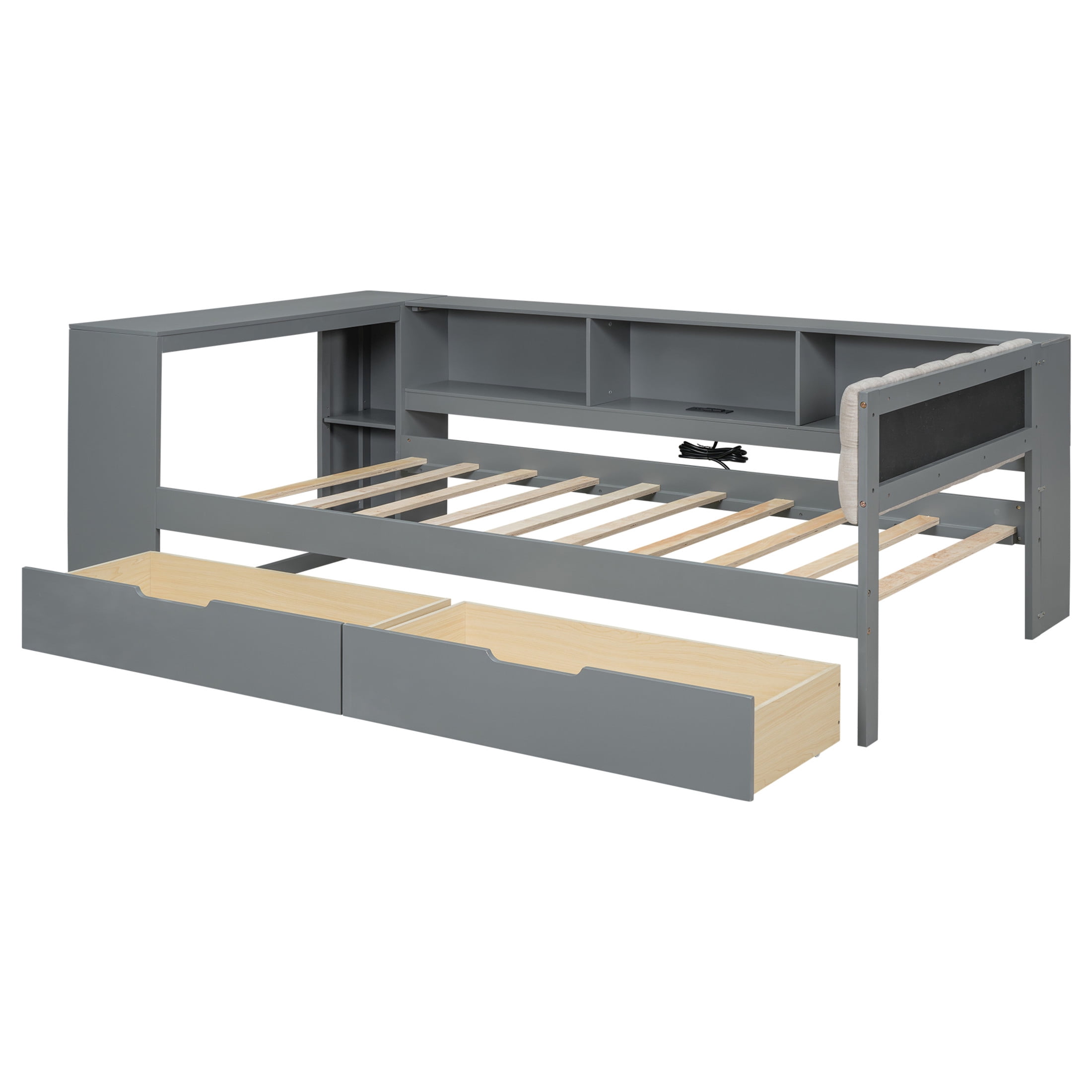 Noble House Udolf Twin Platform Bed with Upholstered Headboard, Storage Shelves and Drawers, Charging Station, Gray