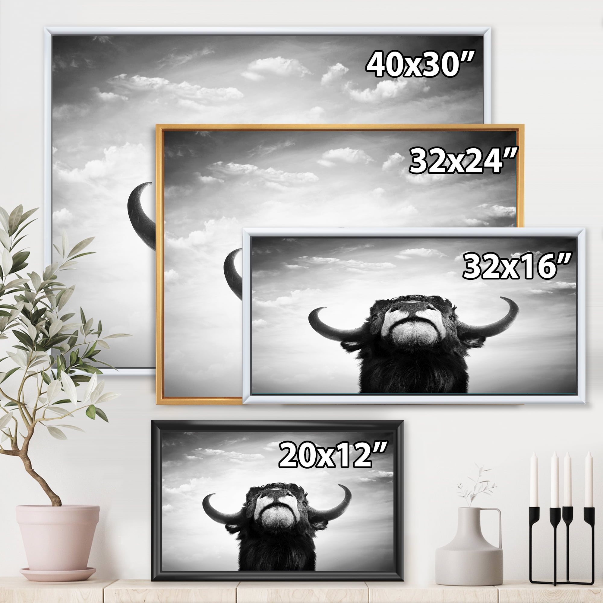 Black and White Portrait Of A Spanish Bull I 40 in x 30 in Framed Photography Canvas Art Print, by Designart