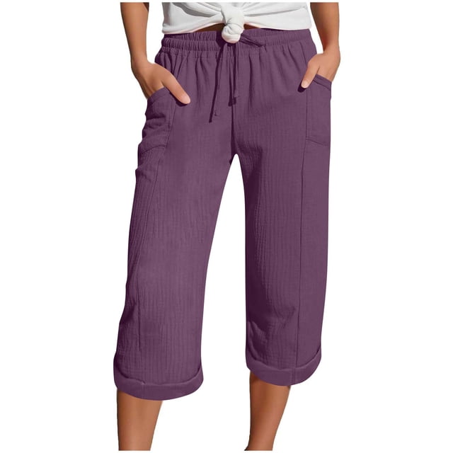 Floleo Women Casual Solid Color Summer Shorts Drawstring Pockets Comfortable Lightweight Breathable All Season Daily Wear Regular Length Polyester Fashion Outfit(Purple,XL)