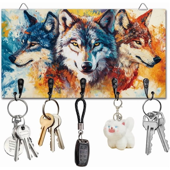 Wolf Key Holder Wall Mounted Wooden Keys Racks Storage Organizer Hanger with 5 Key Hooks House Keys Holder for Wall Decor Door Entryway Hallway Kitchen New Home Gift Colorful