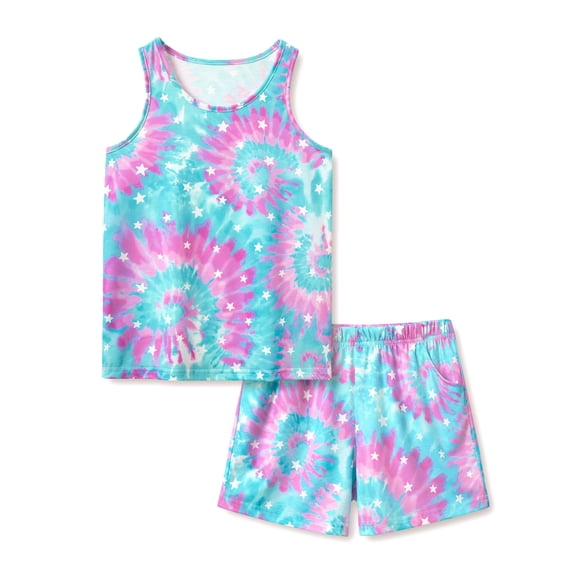 Big Girls Tie Dye Colorful Swirl White Stars Pajamas Tank Top & Shorts 2-Piece Clothes Set Cute Jammies Size 12