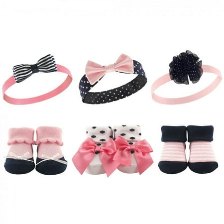 UPC: 0660168581379 | Hudson Baby Infant Girl Headband and Socks Giftset 6pc  Pink Navy  One Size
