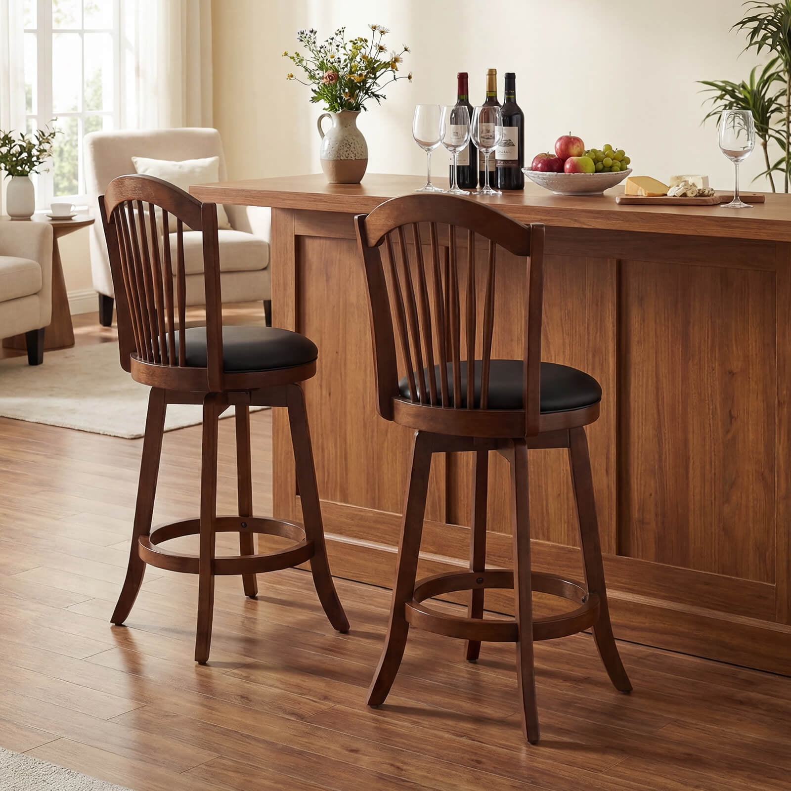 Costway Swivel Bar Stools Set of 4, 25” Counter Height Barstools with Backrests, Wood Frame Brown