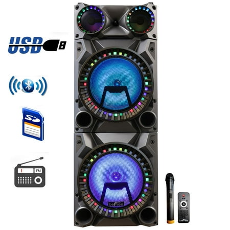 beFree Sound Rechargeable Bluetooth 12inch Double Subwoofer Portable Party Speaker with Dual Layer Reactive Lights, Usb, SD and AUX Inputs