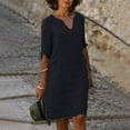 thumbnail image 3 of Womens Stylish V-Neck Vintage Solid Color Loose Casual Dress with Short Sleeves, 3 of 10