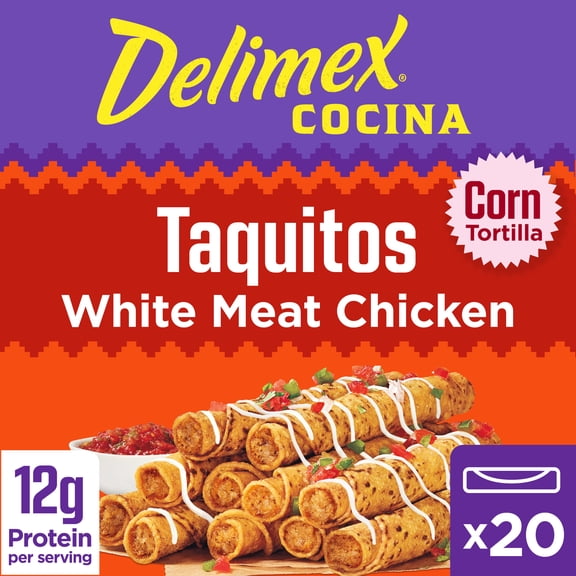 Delimex White Meat Chicken Taquitos Frozen Snacks, 20 Count Box