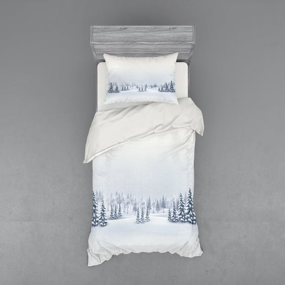Ambesonne Winter Bedding Set 3 Pcs, Foggy Weather Trees, Twin, White