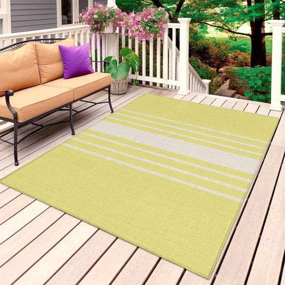 Yellow Beige Striped Outdoor Rug 5x7 Ft, Non Slip Washable Area Rug, Modern Farmhouse Retro Lines Patio Rugs Carpet Runner, Large Floor Mat for Indoor/Outdoor Deck Porch Camping
