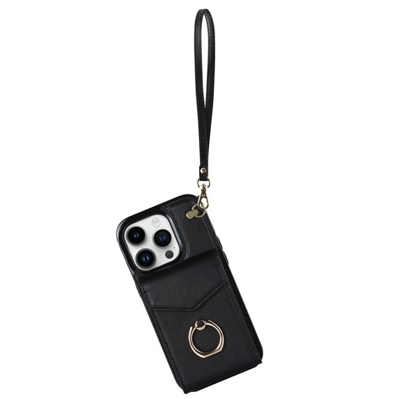 Jiahe Cover Case For iPhone 14 Pro Max 6.7 Inch Wallet Case with Card Holder, Built-in Finger Ring Holder Kickstand, RFID Blocking Leather Buttons Shockproof Wrist Strap Cover, Black