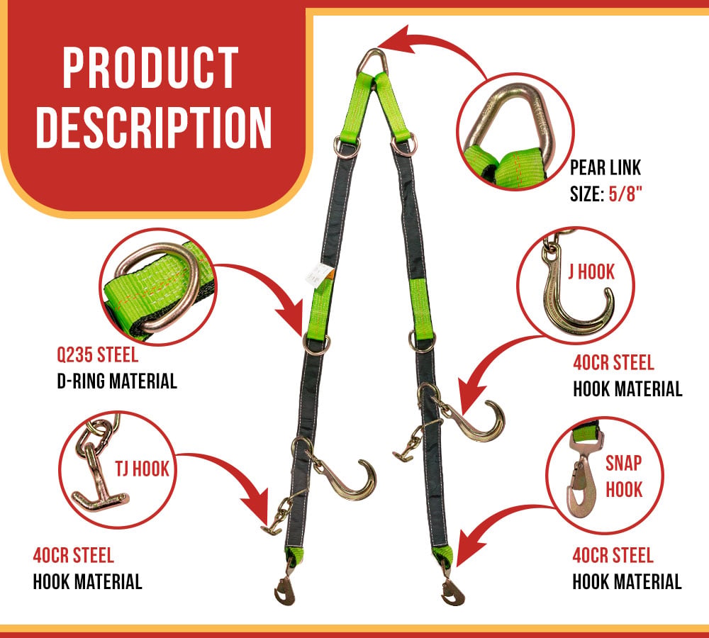2Pcs V Bridle Tow Strap w/ Snap Hook, 8" J-Hooks, & T-J Hook - 3333 lbs WLL, Leg Size-36"-48" High Abrasion Recovery V Strap w/ D Ring Middle Towing Equipment for Car Hauler & Rollback