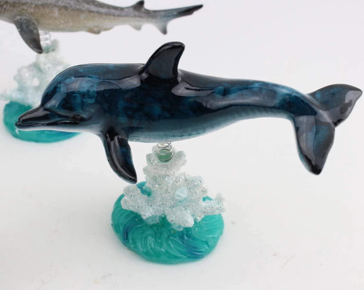 Swimming Sea Creatures On Glazed White Blue Coral Base Statue ~ Dolphin Wiggles Jiggles Sea Creature on Coral Reef Figurine on a Spring Centerpiece Tabletop Decor -D