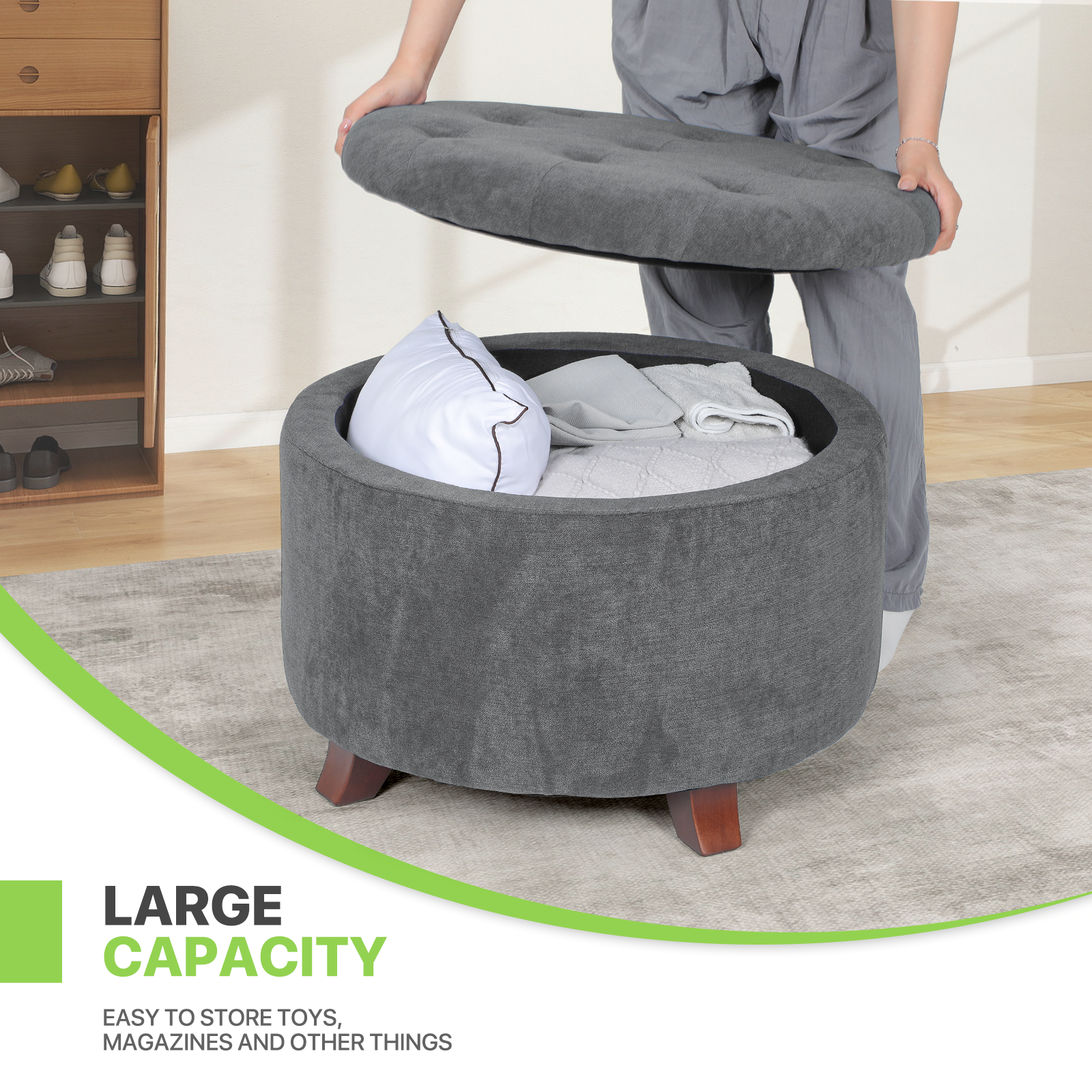 Magshion Storage Ottoman with Padded Seat, Modern Cotton-linen Footrest, Round Seat stool for Living Room Bedroom , Dark Gray