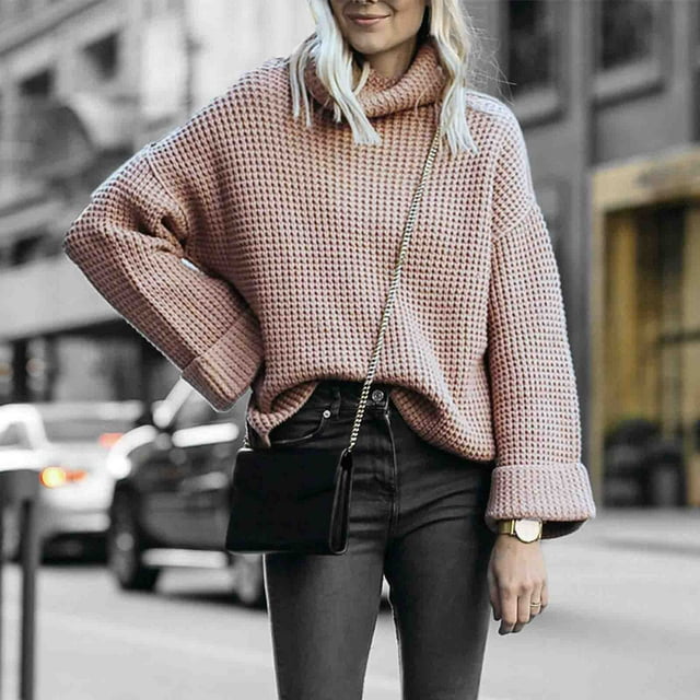EGNMCR Chandails pour Femmes Mode Hiver Couleur Unie Manches Longues Col Montant Hauts, Cadeaux pour Femmes