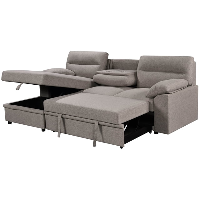 Urban Cali Malibu Canapé Sectionnel-Lit de 94,5 Po de Large avec Plateau Rabattable, Porte-Gobelets, Chargeur Sans Fil et Méridienne de Rangement (Méridienne Orientée à Gauche / Solis Gris)