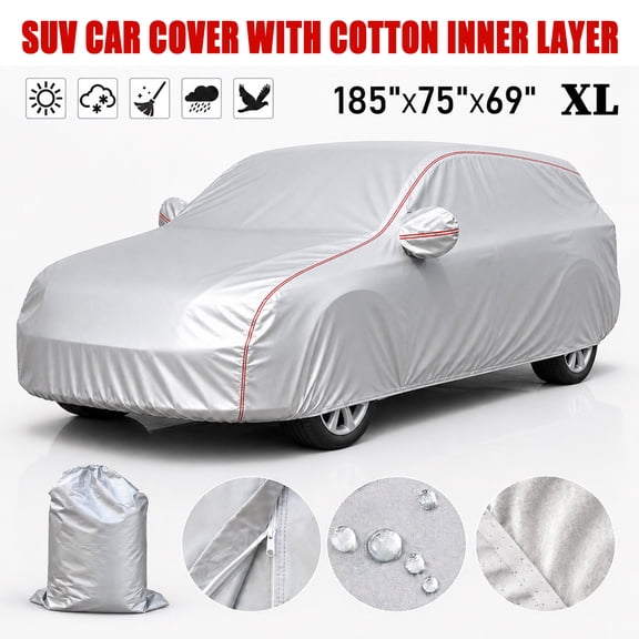 All Weather Waterproof SUV Car Cover with Easy-On Side Zipper,Indoor Outdoor SUV Car Cover with All-around Reflective Strips,All Weather Wind Sun UV Protection,Sliver,185"×75"×69"