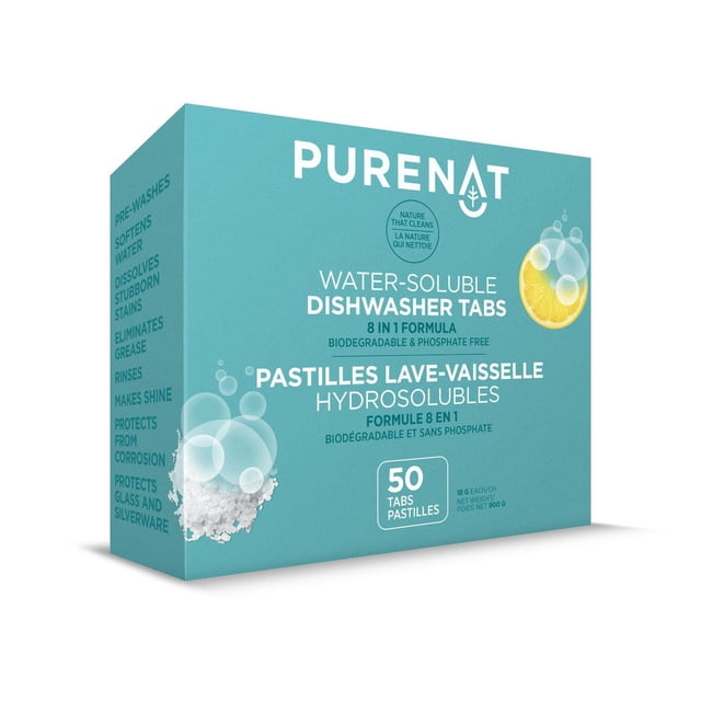 Purenat box containing 50 water-soluble dishwasher tabs with an 8-in-1 formula that is biodegradable and phosphate free.
