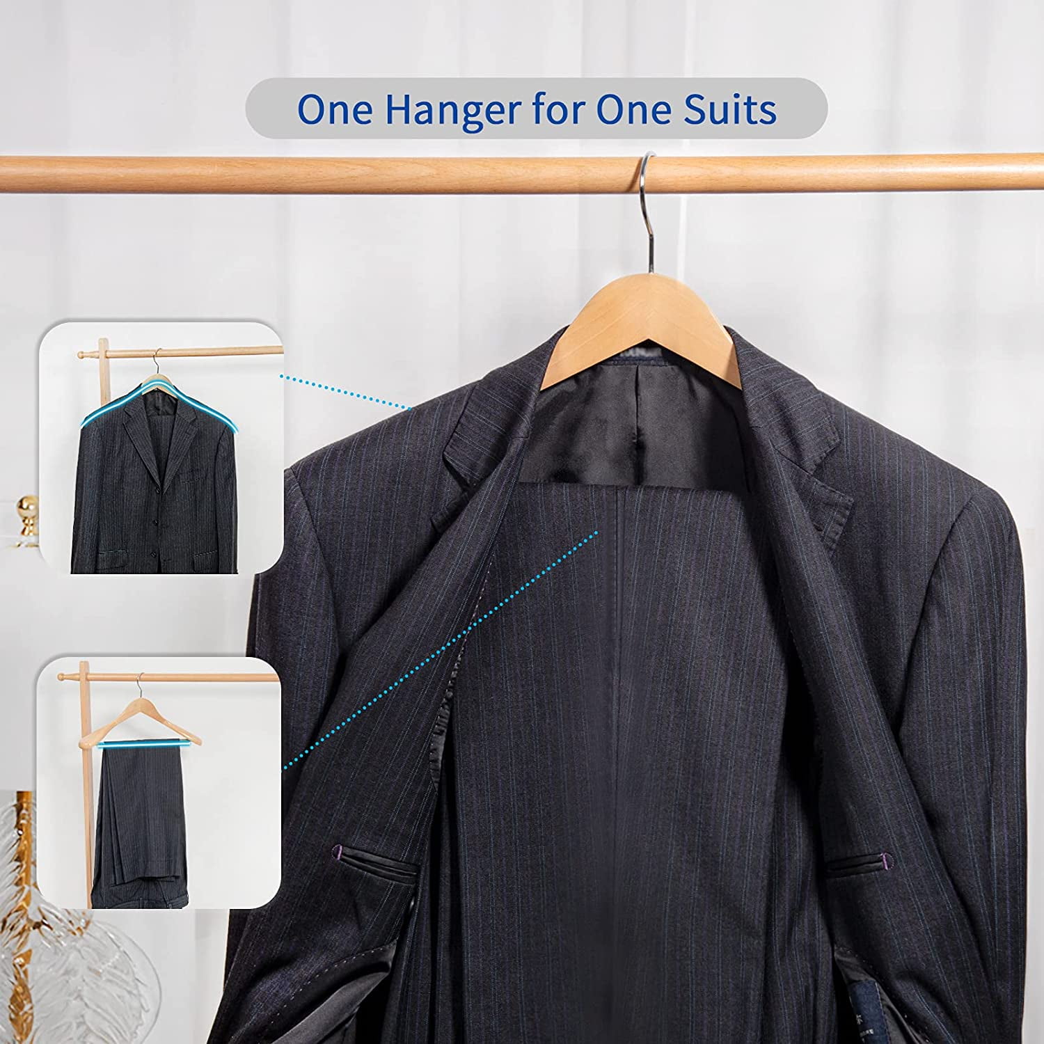 Luxury Natural Wooden Suit Hangers - 6 Pack with Glossy Finish, Extra-Wide Shoulders, 360-Degree Swivel Hooks and Anti-Slip Bar with Screw