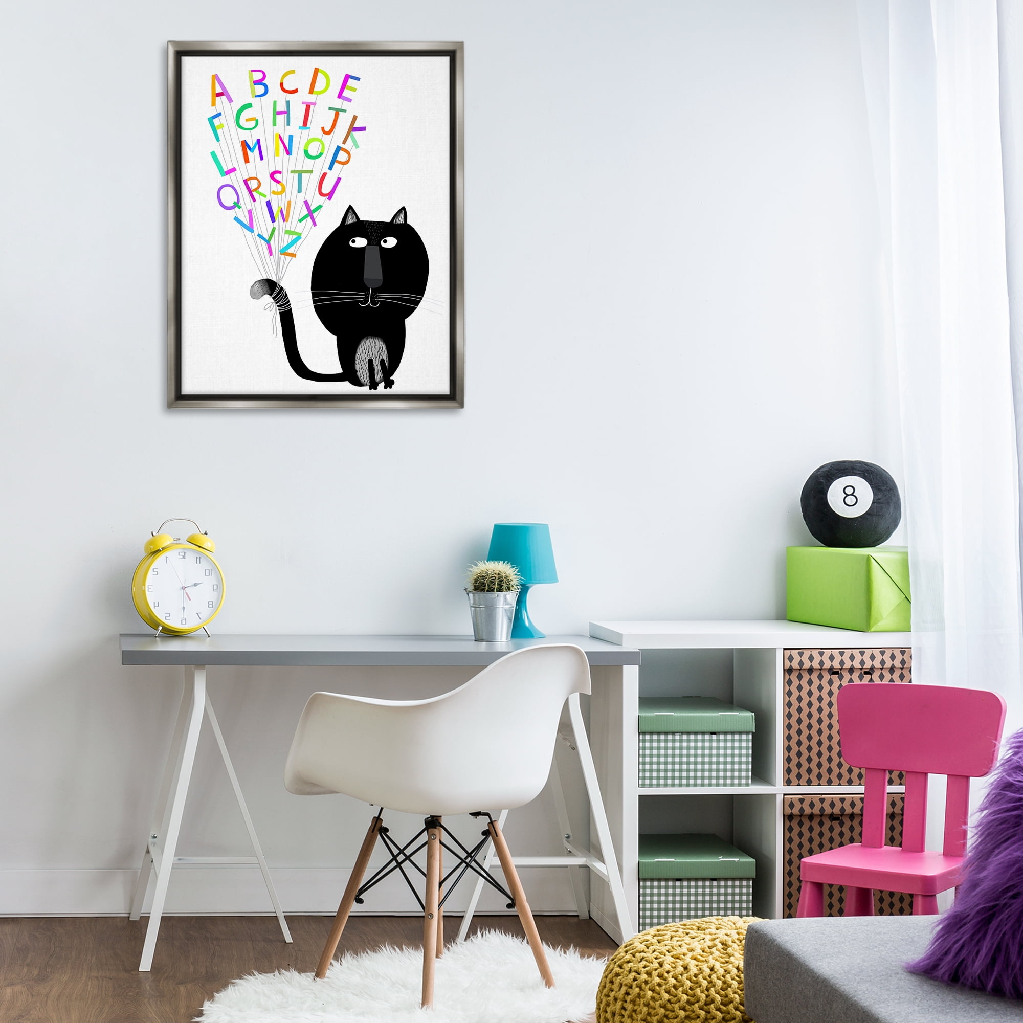 Stupell Industries Cat with Alphabet Animals & Insects Painting Gray Floater Framed Art Print Wall Art, 25 x 31