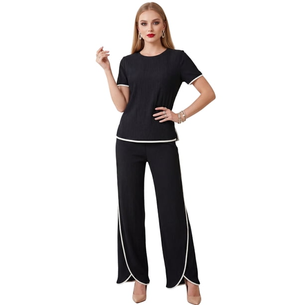 Conjunto 2 Piezas, Blusa Manga Corta y Pantalón Recto con Abertura, Estilo Elegante y Moderno para Mujer