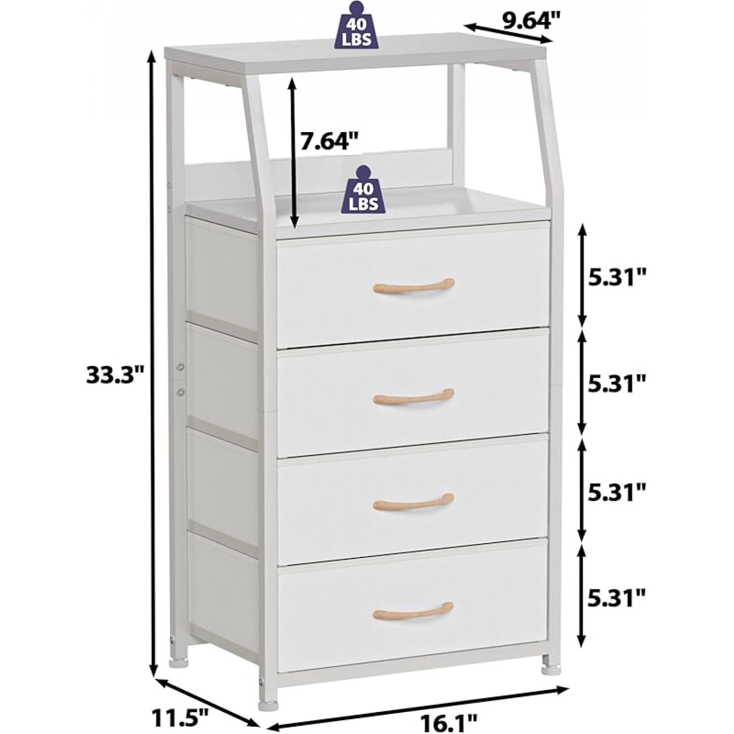 Tall 5 Drawers Dresser, Vertical Storage Tower for Bedroom, Hallway, Entryway, Nursery, Closet Organizer, Nightstand Bedside Table Furniture, Sturdy Steel Frame, Wood Top