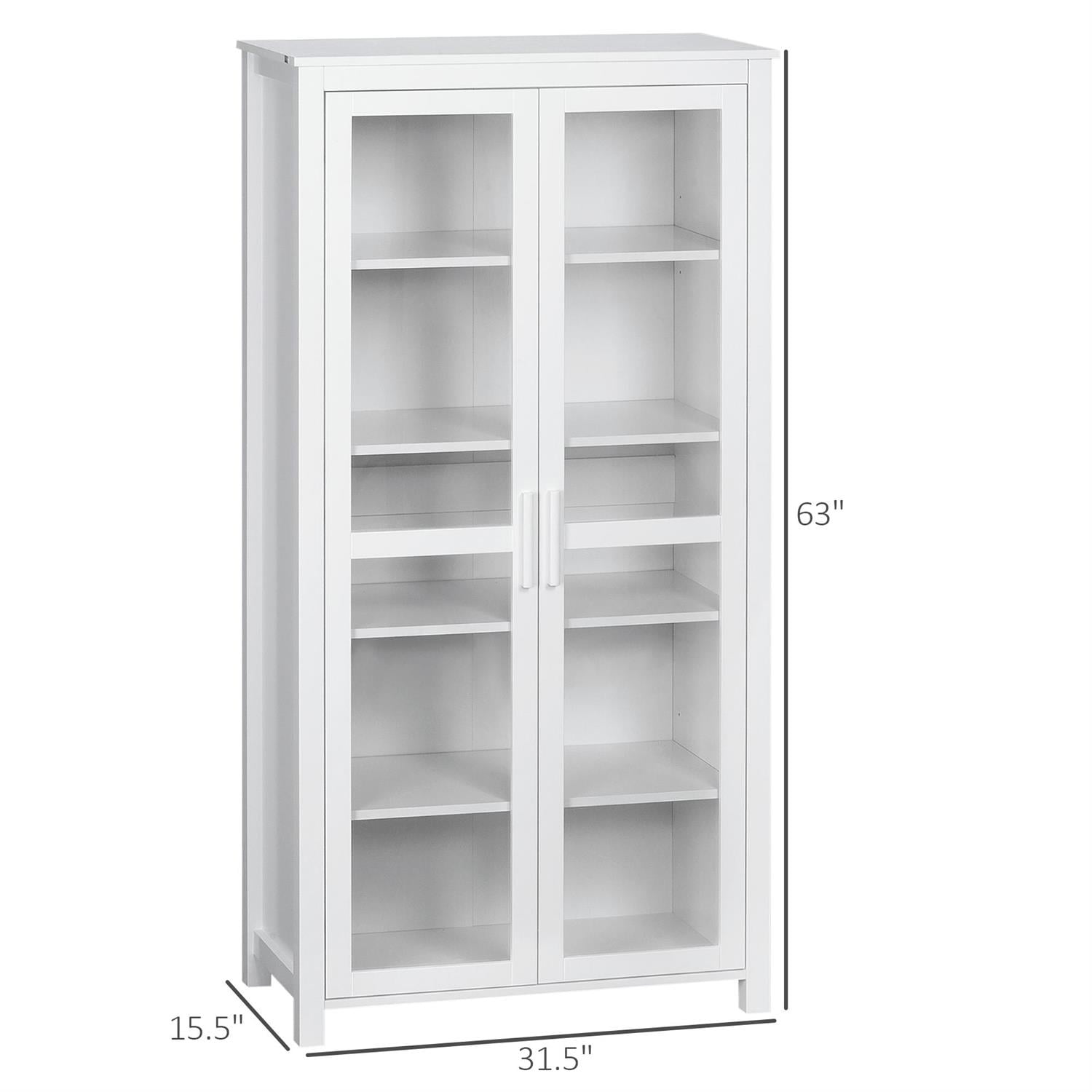 Demi Bonn 63" Freestanding Pantry Cabinet, 2 Glass Doors & Adjustable Shelves, Storage & Display for Dining Room, White