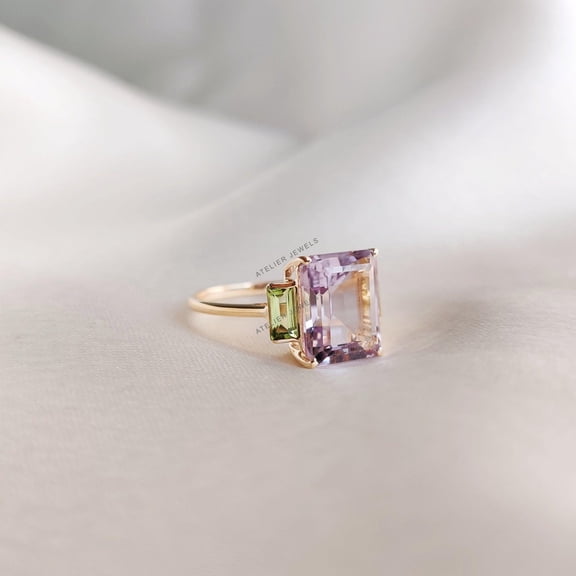 14K Solid Gold Ring, Natural Pink Amethyst & Peridot, February Birthstone