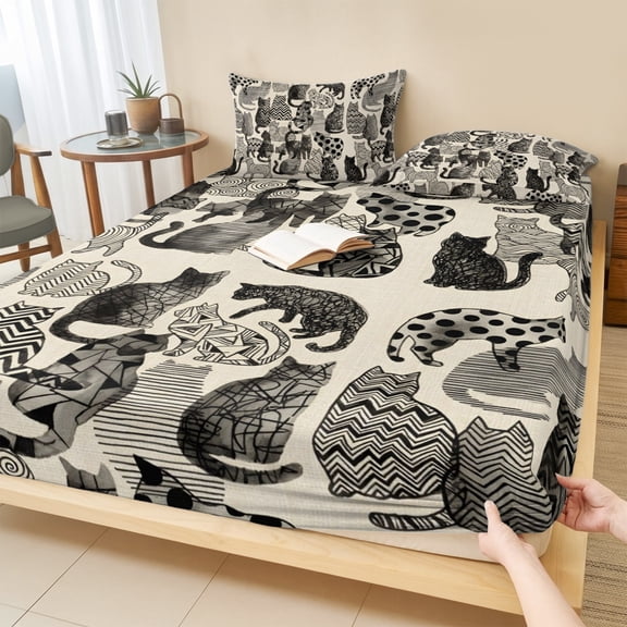 Twin XL Size Fitted Sheet Set - Cat 2 Piece Bedding Sets 16" Deep Pocket Fitted Sheet with 1 Pillowcases, Vintage Geometric Abstract Polka Dot Brushed Microfiber Hotel Luxury Bed Sheets