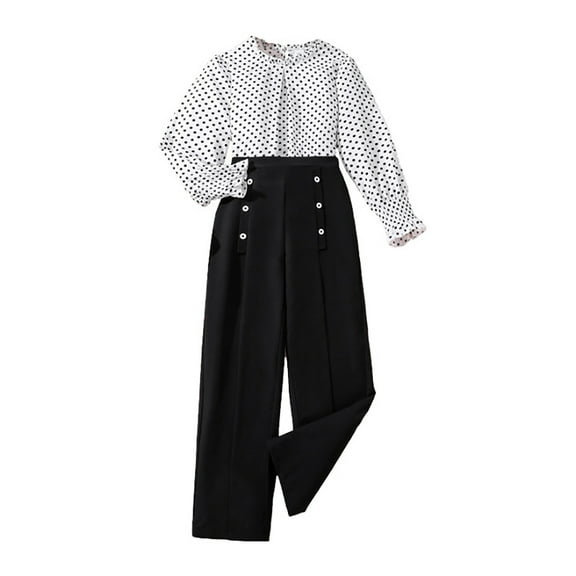 Utlike Girls Outfits Kids Autumn Winter Fashion Dot Printing Long Sleeve Tops Solid Color Straight Leg Trousers 2 Pcs Outfit Children'S Suit Girl Back To School Clothing Set Size 7 Years-8 Years