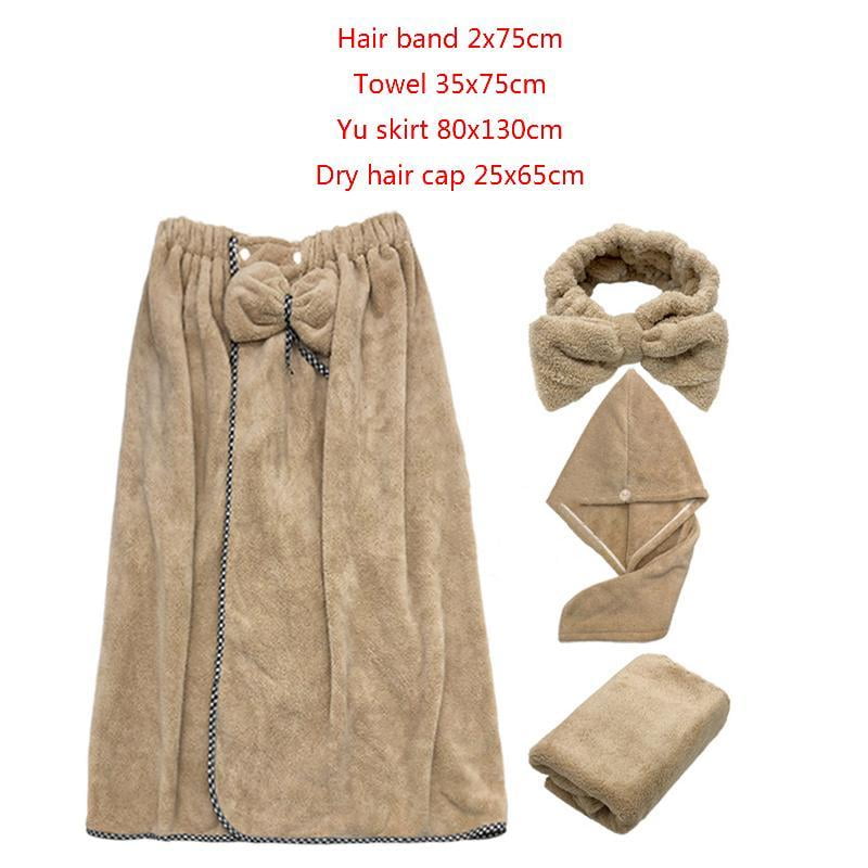 Yammee 4Pcs/Set Women Wearable Bath Wrap with Towel Headband Hair Dry Cap Bow Bathrobe