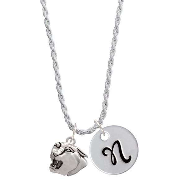 Delight Jewelry Silvertone Small Panther - Mascot Silvertone Script Initial Disc - N - Charm Necklace, 20"+3"