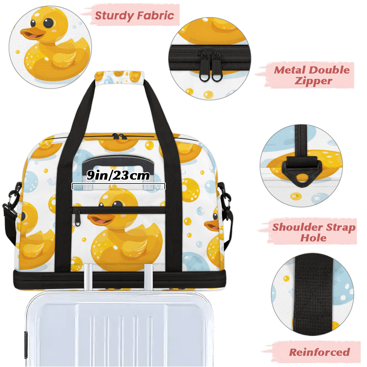 Herdesigns Rubber Duck Foldable Travel Duffel Bag for Women Men, Yellow Blue Bubble Weekend Overnight Carry On Bags with Shoe Compartment