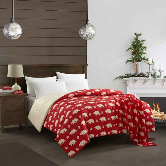 Dearfoams 4 Piece Plush Comforter Set, Includes a Throw and Two Eyemasks, Red Bear, Full