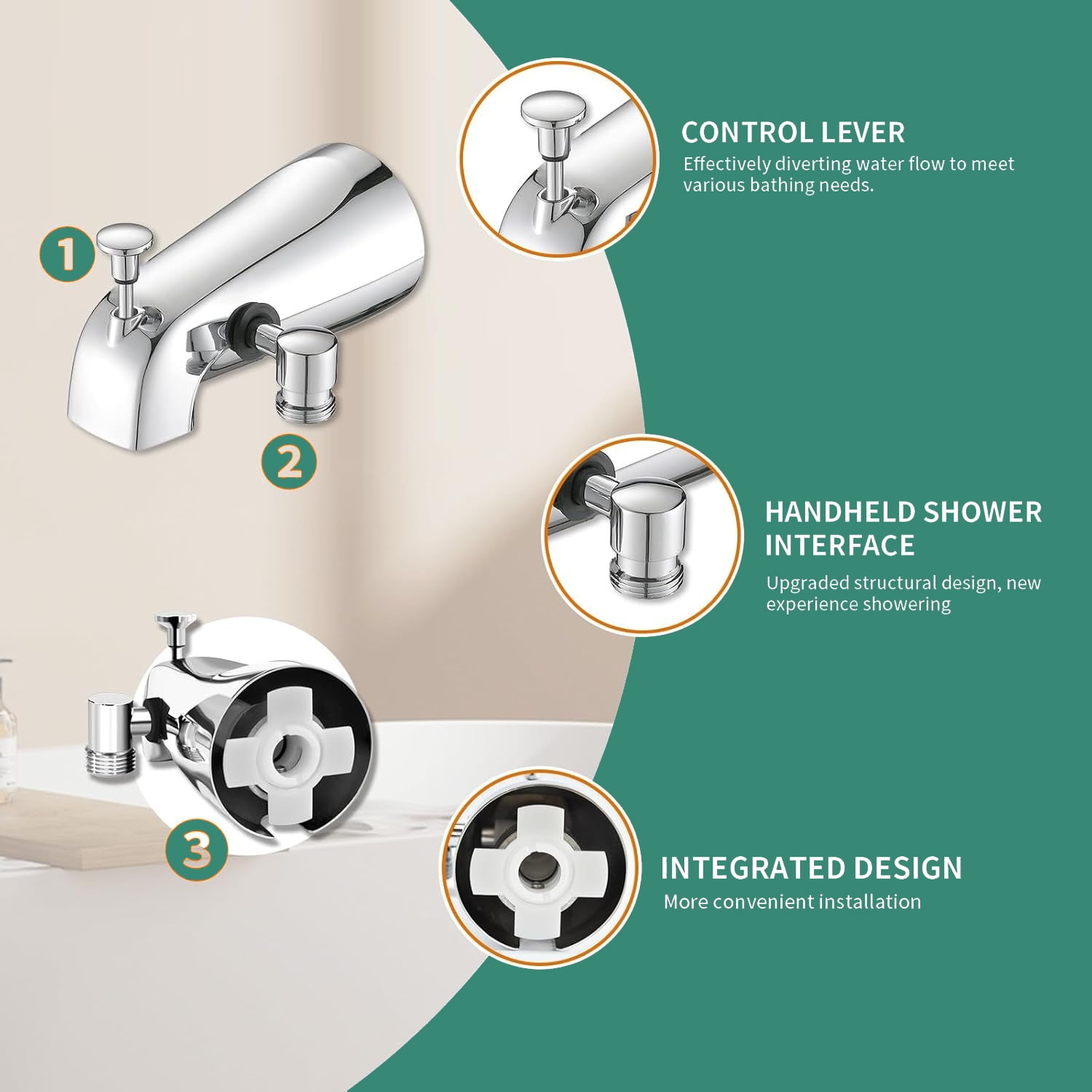 FETERVIC Bathtub Faucet with Sprayer,Slip-On Tub Spout High Pressure 10 Settings Handheld Shower Head with Diverter Set