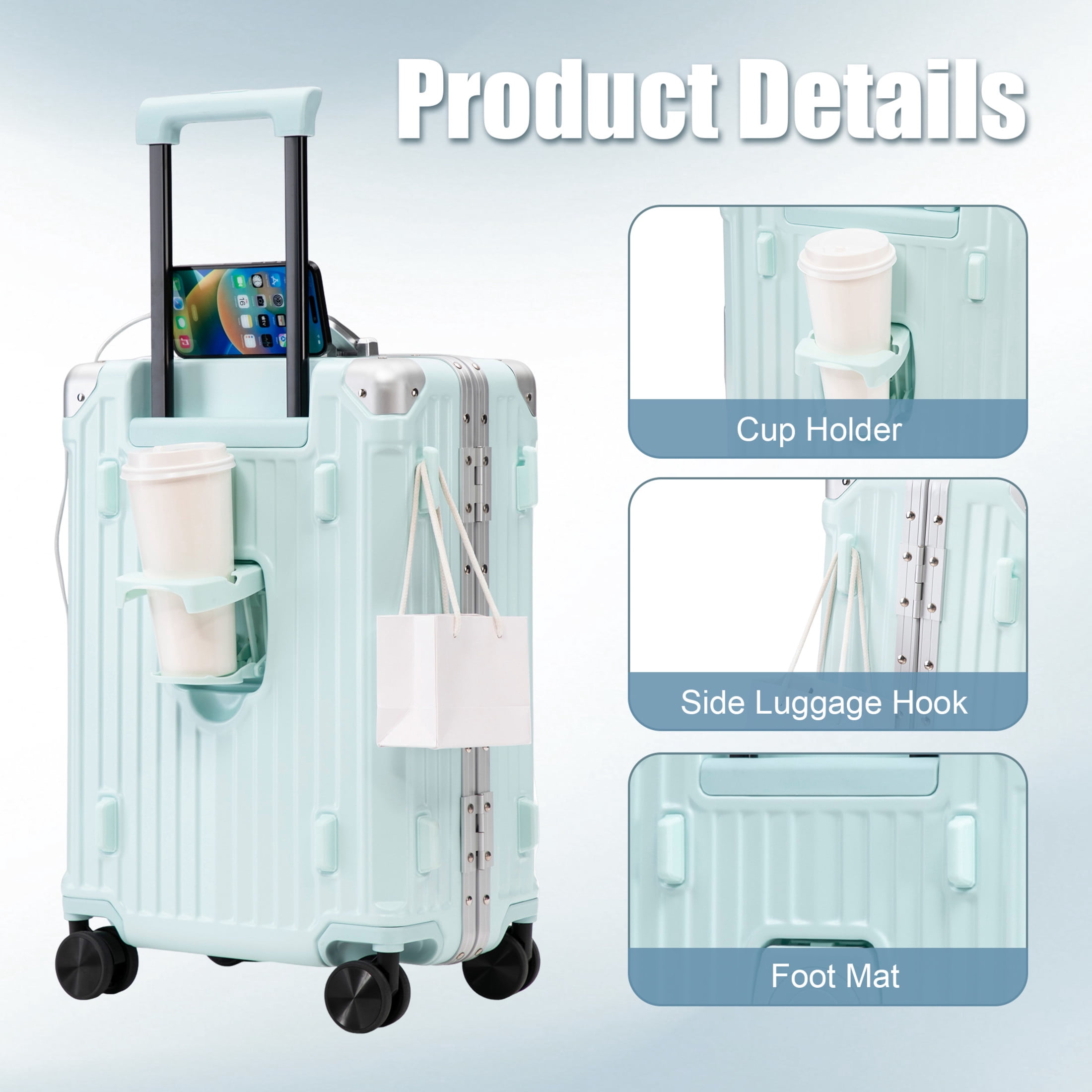 GDF Studio 20" Aluminum Frame ABS Carry-On Luggage with Charging Port & Cup Holder, Spinner Wheels Travel Trolley, Blue