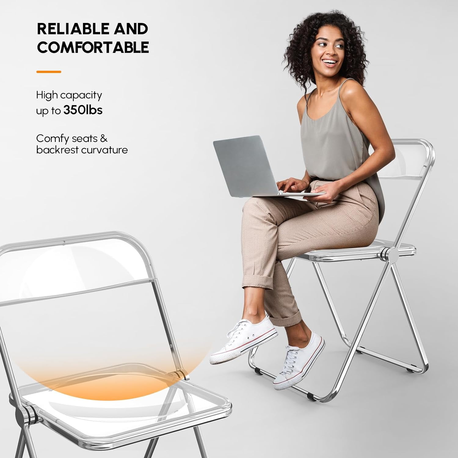 VINGLI Folding Chairs 4 Pack, Clear Chair Foldable and Stackable, Acrylic Plastic Panel & Metal Chrome Frame, Weight Capacity 350 lbs, Transparent