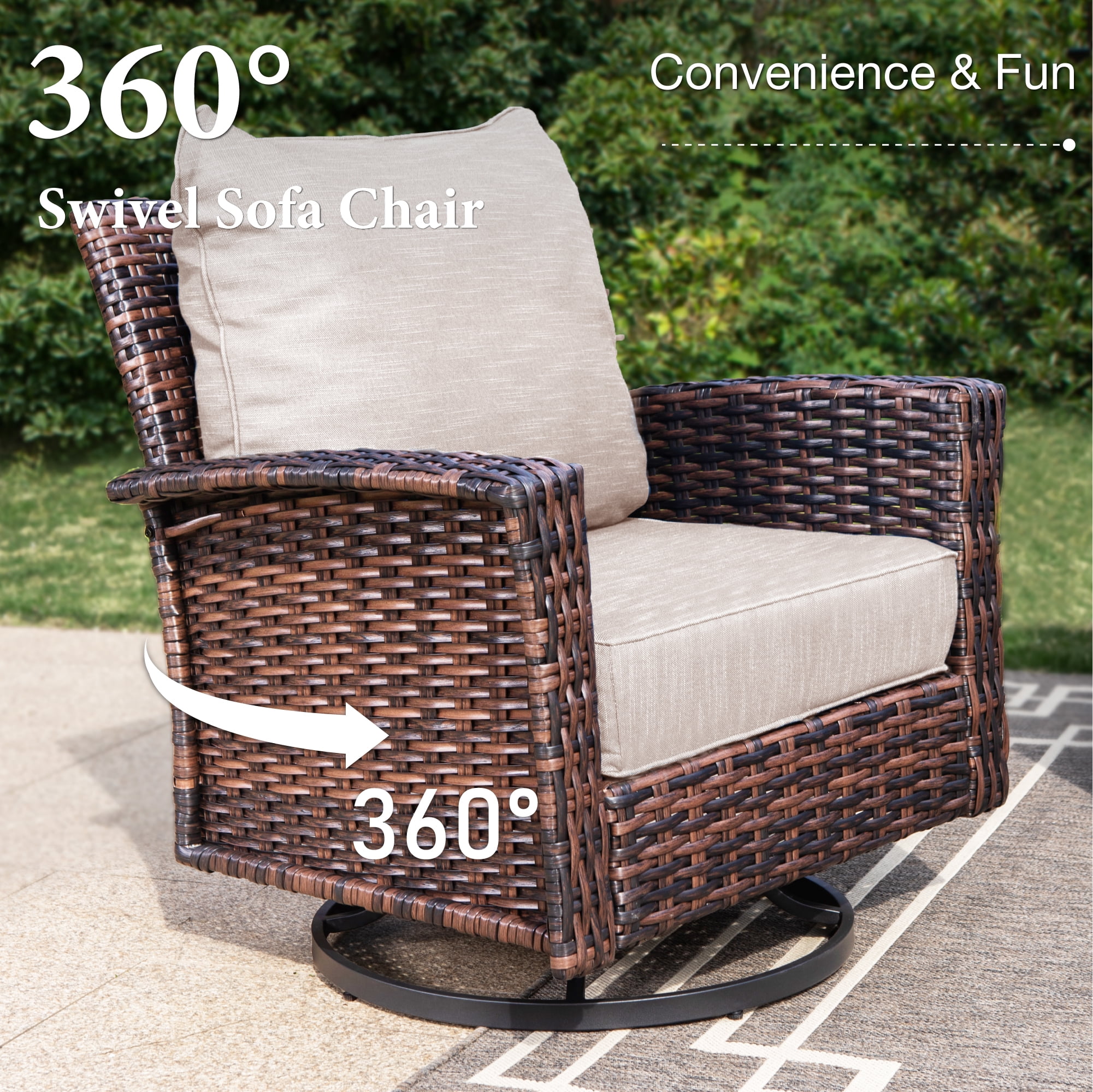 SUMMIT LIVING 7-Seat Wicker Patio Furniture Set with 2 Swivel Chairs & 3-Seat Sofa with 2 Ottoman, Outdoor Sectional Conversation Set for Garden, Beige